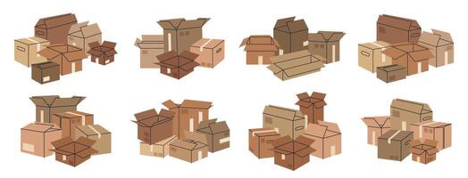 Boxes piles. Stacked cardboard boxes, cargo warehouse box stack, delivery or moving containers flat illustration set. Hand drawn boxes collection vector