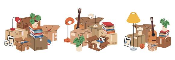 Cardboard boxes full of moving stuff. Carton boxes with books and clothes, stacked carton boxes flat illustration set. New house moving boxes vector