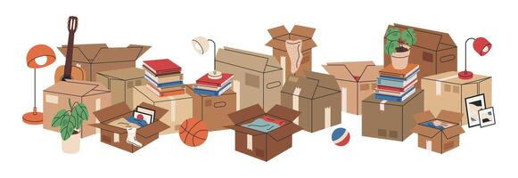 Boxes with moving stuff. Cardboard boxes full of books and clothes, stacked carton boxes flat illustration. House moving boxes on white vector