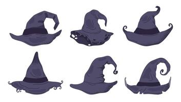 Halloween witch pointy hats. Spooky thorn wizard hats, trick or treat october party magic costume element flat illustration set. Hand drawn magician hats collection vector
