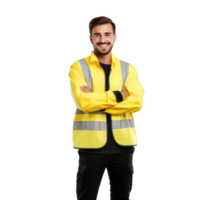 retrato de contento sonriente hombre en la seguridad chaleco en transparente antecedentes png