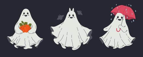 Víspera de Todos los Santos fantasmas linda fantasma escalofriante espíritu, alegre fantasmas, escalofriante noche oscuridad plano ilustraciones colocar. dibujos animados fantasmas vector