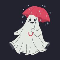 Ghost with red umbrella. Cute Halloween ghost in rainy weather, cheerful flying phantom character flat illustration. Hand drawn Halloween ghost vector