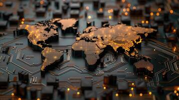 3D circuit board with digital world map photo