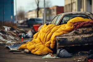 Homeless person living place with ragged discarded old broken bed with an dirty mattress and bedding. photo