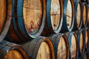 Wooden oak Port barrels in neat rows photo