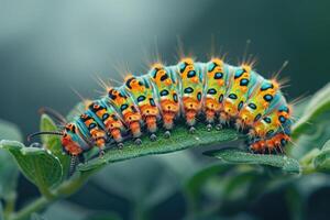 Closeup shot of a caterpillar crawling on the green plant photo