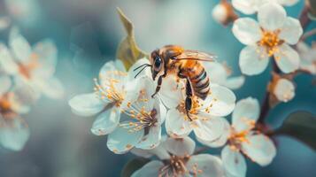 Close-up of a honeybee on white flowers photo