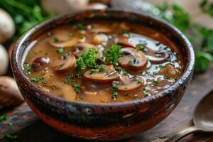 Spicy mushroom soup with in a bowl. photo