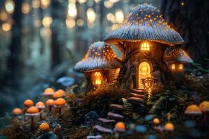 Enchanted mushroom house with warm lights photo