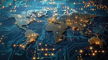 3D circuit board with digital world map photo