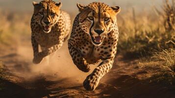 Running cheetah in the African savannah photo