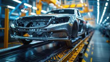 coche cuerpo en un automotor montaje línea en un fábrica antes de pintar es aplicado. movimiento de vehículos a lo largo el producción línea a el planta. foto