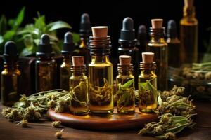 An assortment of essential oil bottles with fresh plants such as lavender, peppermint and rosemary photo