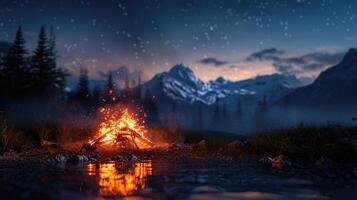 Glowing campfire with sparks by a calm lake during a colorful sunset photo