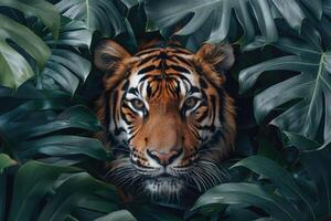 A majestic tiger staring intently from behind lush green tropical leaves photo