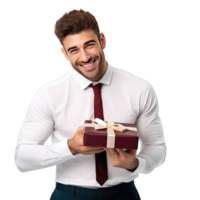 Handsome man holding a gift box on transparent background png