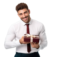 Beau homme en portant une cadeau boîte sur transparent Contexte png