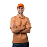 Portrait of construction worker in orange safety vest on transparent background png
