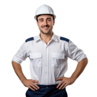 Porträt von ein jung Ingenieur im ein Weiß Helm auf transparent Hintergrund png