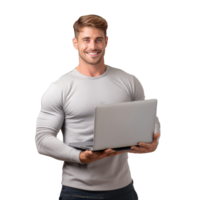 gut aussehend jung Mann mit Laptop auf transparent Hintergrund png