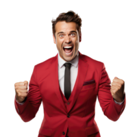 excited young business man in red suit looking at camera and clenching fists on transparent background png