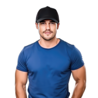 Portrait of a handsome man wearing a cap and blue tshirt on transparent background png