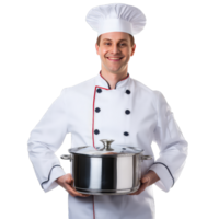 cooking profession and people concept - happy male chef cook with pot on transparent background png