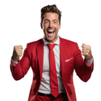 excited young business man in red suit looking at camera and clenching fists on transparent background png