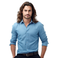 Handsome young man in blue shirt long hair on transparent background png