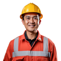 retrato de un sonriente trabajador en casco en transparente antecedentes png