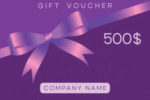 Gift certificate on a lilac background. Gift voucher template with bow. vector