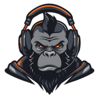 A gorilla with headphones on and a picture of a gorilla on the back png