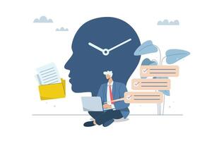 Effective organization of work in thought, Time management, Planning, Work control, Prioritization, Businessman plans work regulations and executes it, design illustration. vector