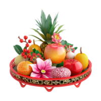 a plate with fruit and flowers on it AI-Generated png