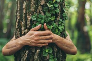 Human hands gently embracing a tree trunk symbolizing connection with nature and environmental care photo