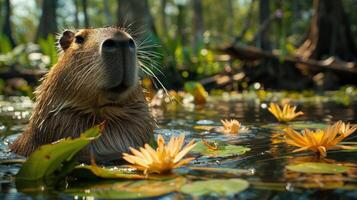 Capybara in water in natural environment photo