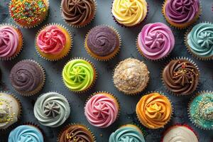 Assorted colorful cupcakes arranged closely photo