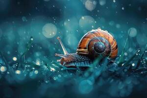 Macro shot of a snail on the grass after the rain photo