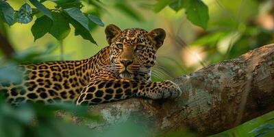 Leopard is resting on a tree trunk photo