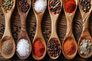 Spices in wooden spoons on rustic background photo