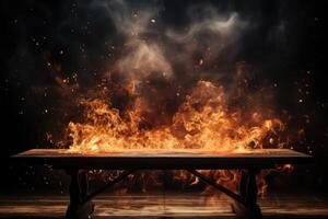 Wooden table with fire burning at the edge of the table on a dark background to display products photo