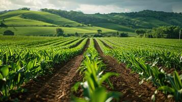 Springtime corn field with fresh, green sprouts. Agricultural field photo