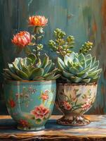 Colorful succulents in decorative pots photo