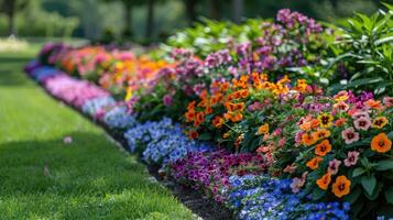 Multi-colored flower bed in the park. Outdoor summer gardening. photo