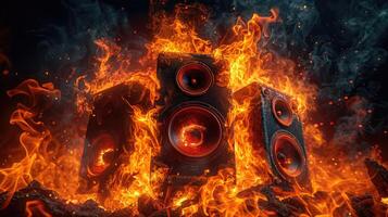 Speakers surrounded by fire, burning speaker on a dark background. photo