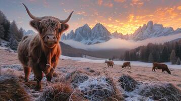 Highland cow in frosty morning dolomite mountain landscape photo