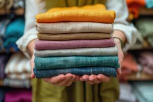 A person holds a neatly stacked pile of folded colorful linen garments. Eco friendly fabric shop. photo