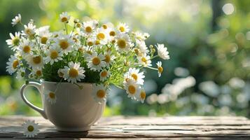 Chamomile flowers in teacup on wooden table in garden photo