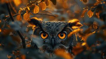 A mysterious owl camouflaged among the leaves, its intense orange eyes piercing through the foliage photo